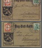 DR Flugpost 1912, Mi I und II Flugpostkarten nach Frankfurt und Zürich