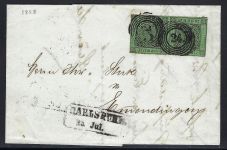 Baden Mi 6 Paar, MeF Ringstempel 24 Carlsruhe n. Emmendingen