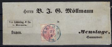 Hannover Mi 13 EF auf Firmenbrief mit klarem K1 Bremen in blau