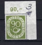 Bund 1951 Posthorn, Mi 130 Eckrand OR **, tiefst gep. Schlegel BPP