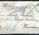 P) Preußen Einschreibebrief mit K2 Berlin blau + grün n. Warschau