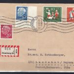 Bund 1957, Heuss II Eckrand UR mit FN 4 auf Briefvorderseite