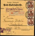 P) Memel Vorläufer Mi V 103 (3) MeF Paketkarte n. Karkelbeck (Karklė)