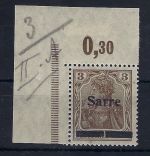 Saargebiet Mi 3 II A ** Eckrand OL einwandfrei, ME 650€, FA Braun BPP