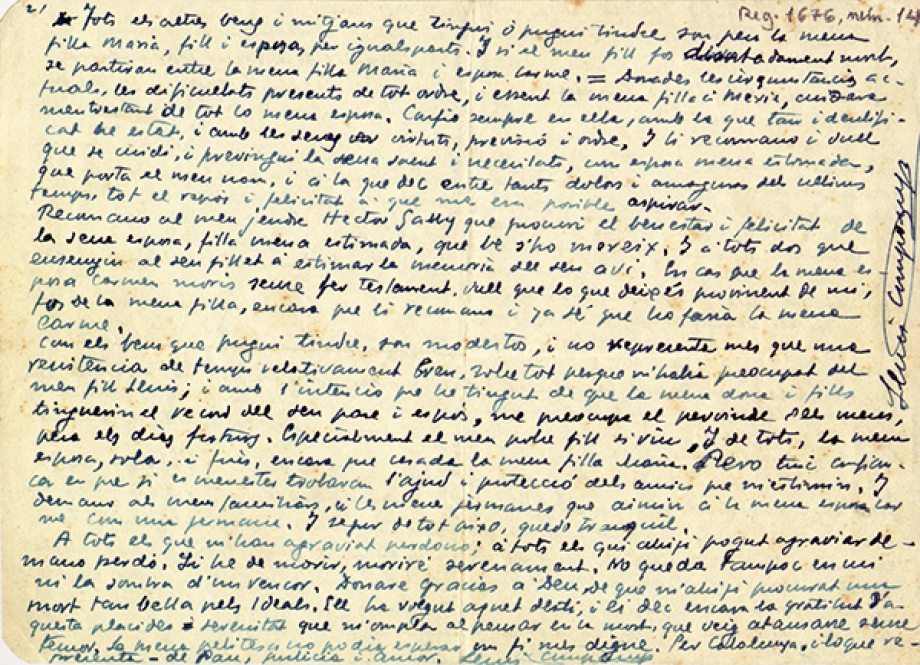 Revers carta abans de ser executat | 15 d’octubre de 1940 - fossar de Santa Eulàlia del Castell de Montjuïc.
