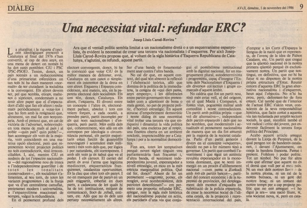 Article de Carod Rovira publicat al diari Avui | 1 de novembre de 1986
