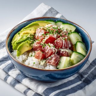 Sushi Bowl mit Thunfisch, Gurke, Avocado und Sriracha-Mayonnaise