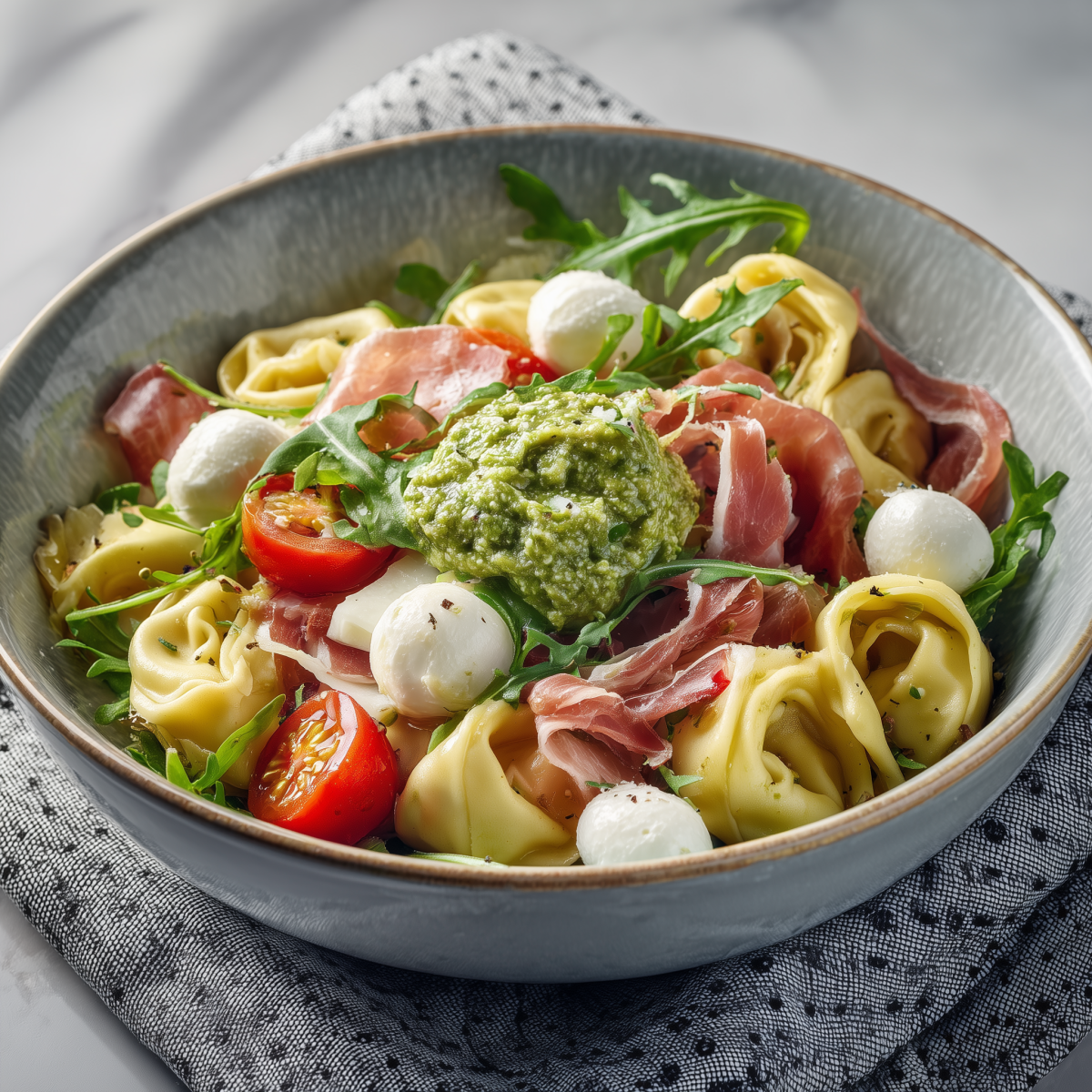 Italienische Bowl mit Tortellini, Mozzarella und Parmaschinken