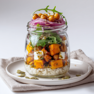 Insalata in barattolo con zucca arrosto, couscous e ceci