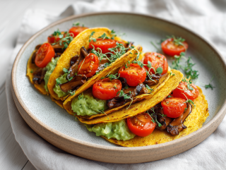 Marchewkowe taco z guacamole i marynowanymi boczniakami