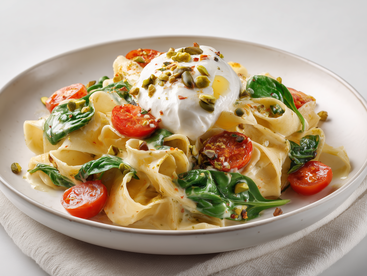 Makaron w sosie śmietanowym z burratą i pistacjami
