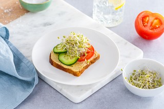 Veganes Sandwich mit Hummus, Sprossen und Gurke