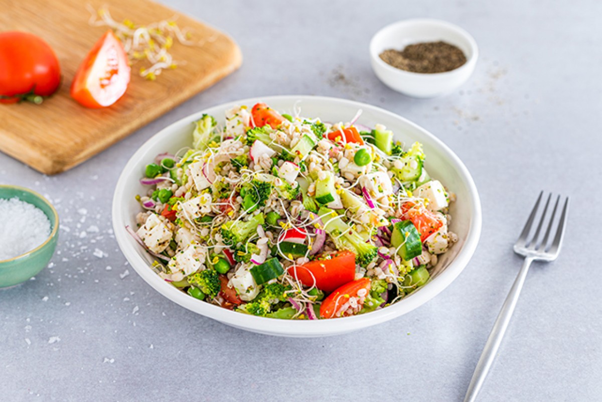 Salade met radijs, parelgort en kiemen