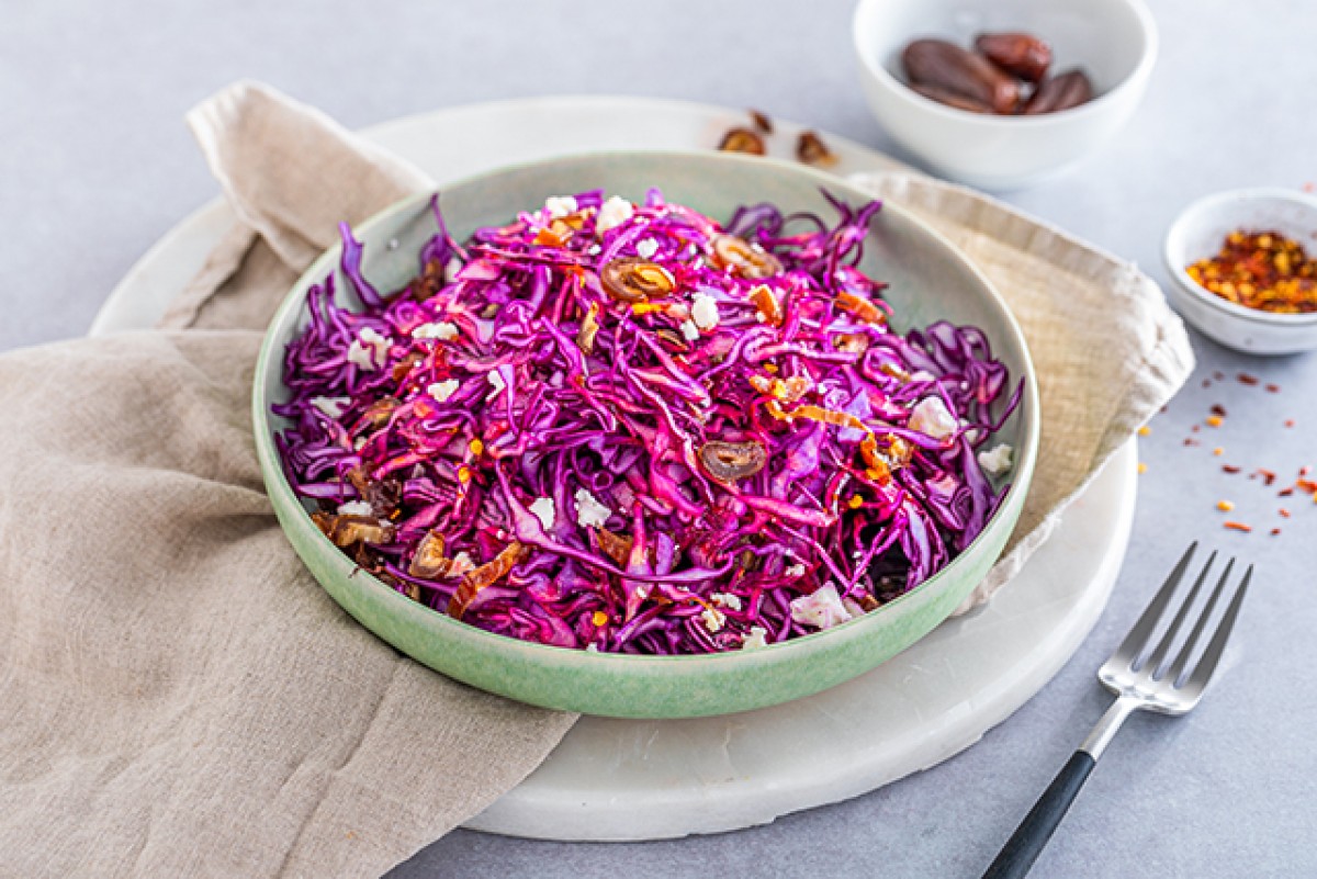 Red cabbage salad with feta and dates