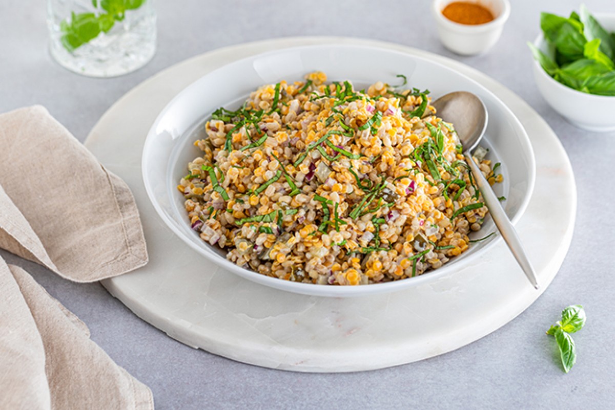 Insalata di orzo perlato, cetriolo e lenticchie