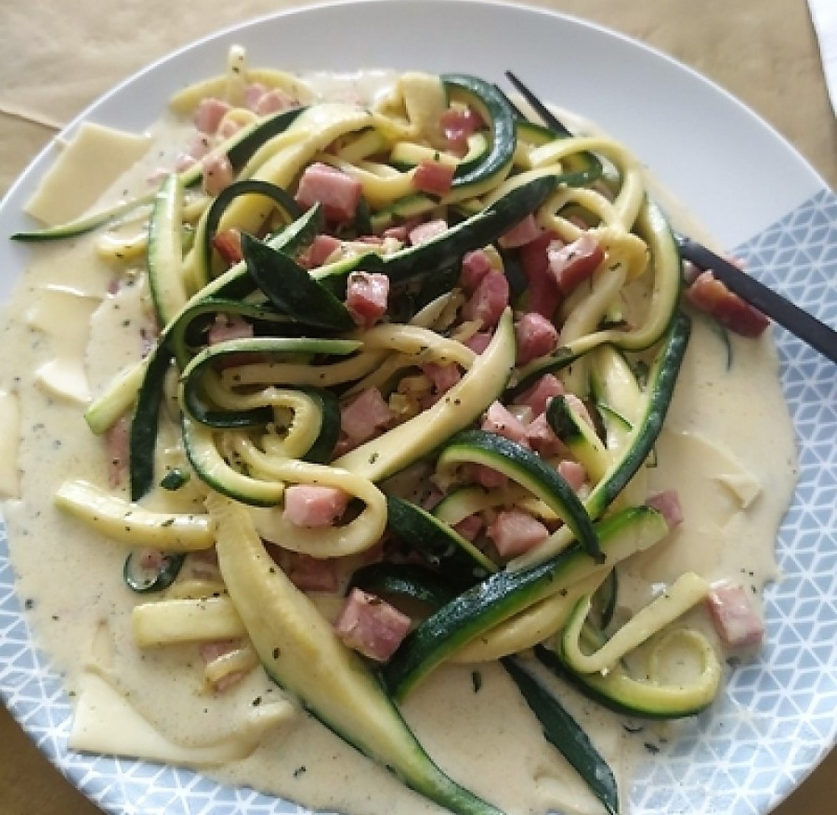 Courgette pasta with bacon and cream sauce