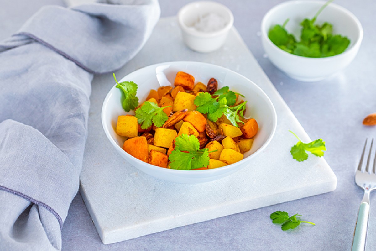 Pommes de terre et courge butternut aux amandes et fruits secs