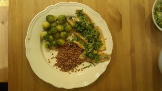 Fish with leek, brussels sprouts and groats