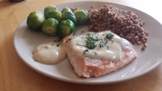 Fish in dill and mustard sauce with Brussels sprouts and groats