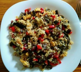 Chicken with rice, beans, mushrooms and peppers