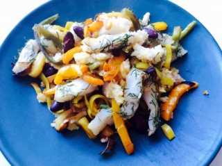 Baked fish in vegetables with groats
