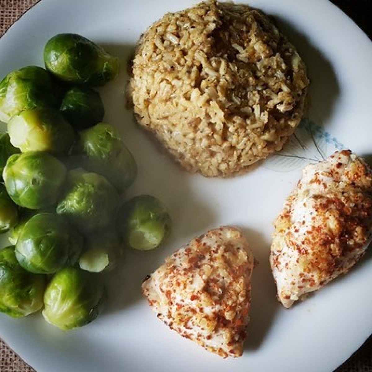 Megadarra with baked fish and Brussels sprouts