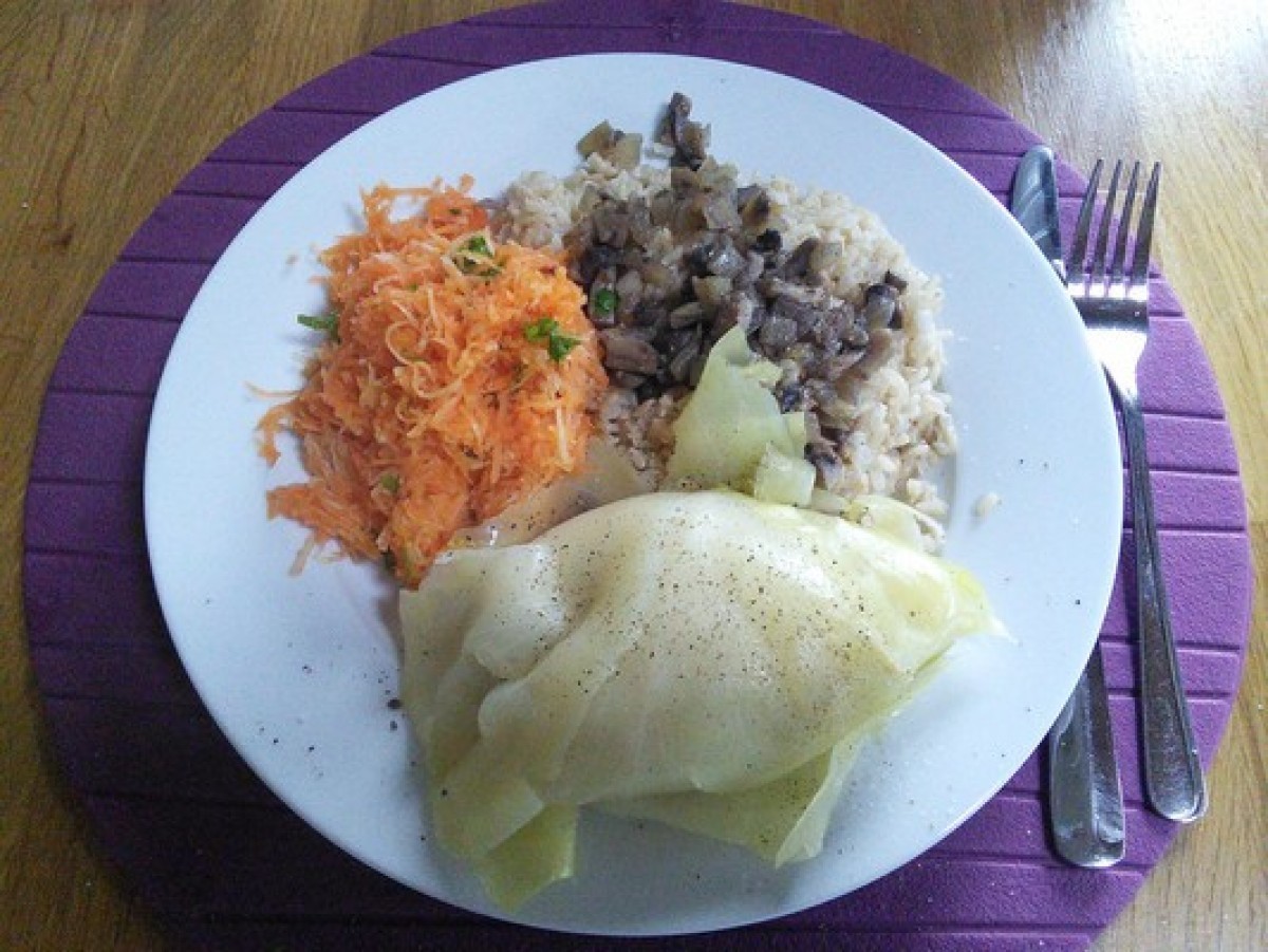 Steamed chicken roulades with rice and carrot and celery salad