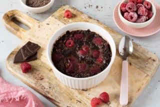 Baked oatmeal brownie with raspberries