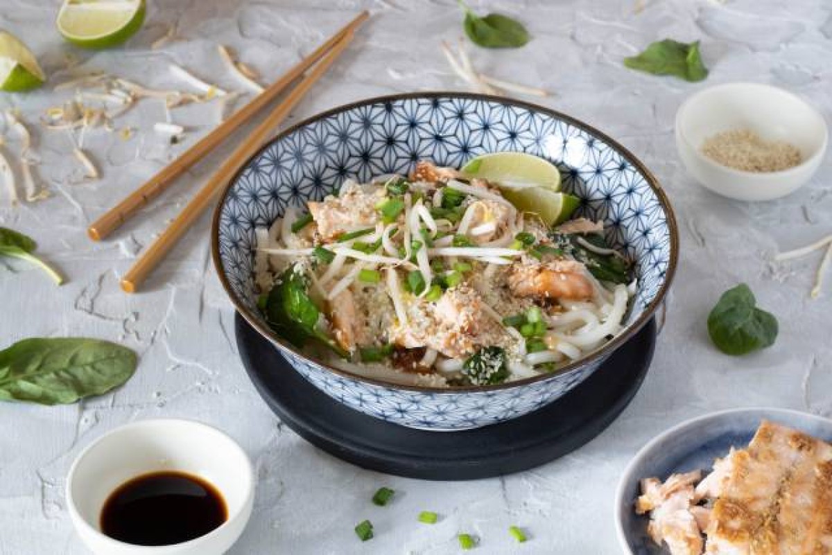 Udon with salmon, spinach and mung bean sprouts