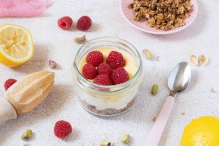 Mascarpone, baked granola, lemon curd and raspberry dessert