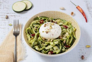 Courgette pasta with pistachio pesto and burrata