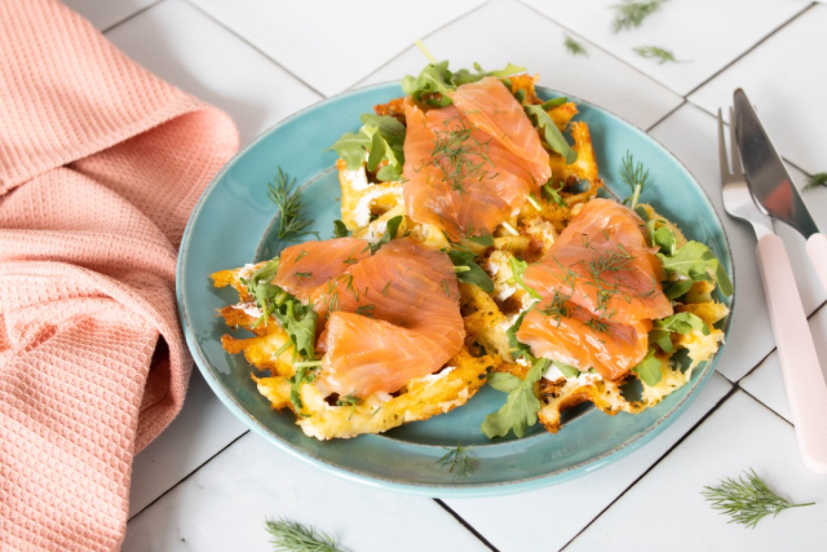 Keto waffles with cream cheese, smoked salmon, and arugula