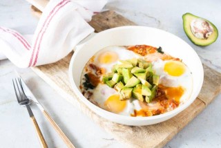 Shakshuka with Salmon, Spinach, and Avocado