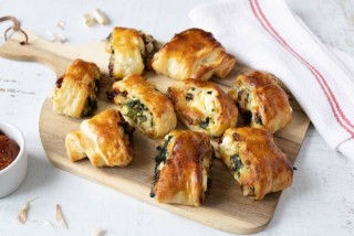 Puff pastry rolls with spinach, feta, and sun-dried tomatoes