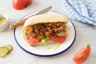 Beef Mince Sandwich with Cheese, Tomato, and Pickle