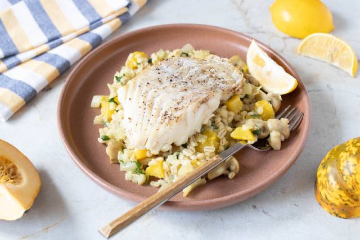 Bacalao en Risotto de Cebada con Champiñones y Calabaza
