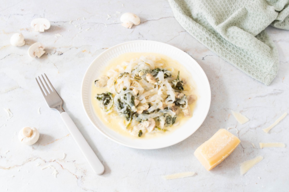 Keto pasta with mushrooms, spinach, and alfredo sauce