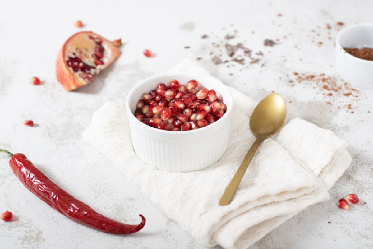 Chocolate mousse with chili and pomegranate