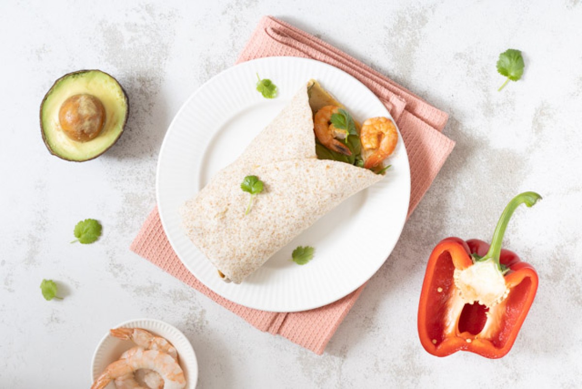 Hummus, shrimp, and avocado wrap
