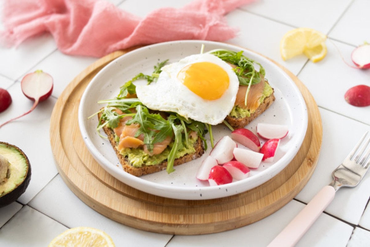 Keto toast with salmon, avocado, and egg