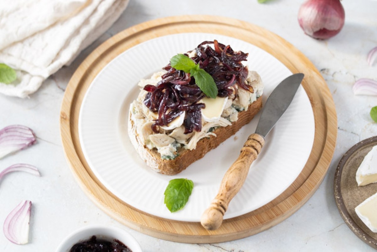 Pulled chicken sandwich with caramelized onion camembert, and herb sauce