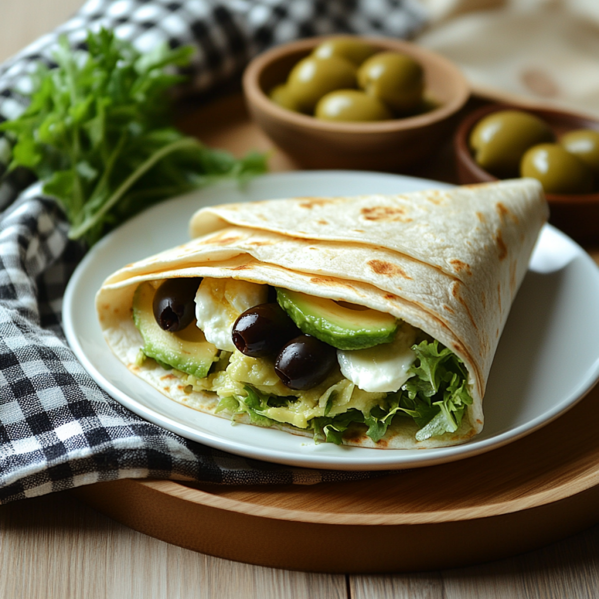 Hüttenkäse-Wrap mit Mozzarella, Avocado, Rucola und Oliven