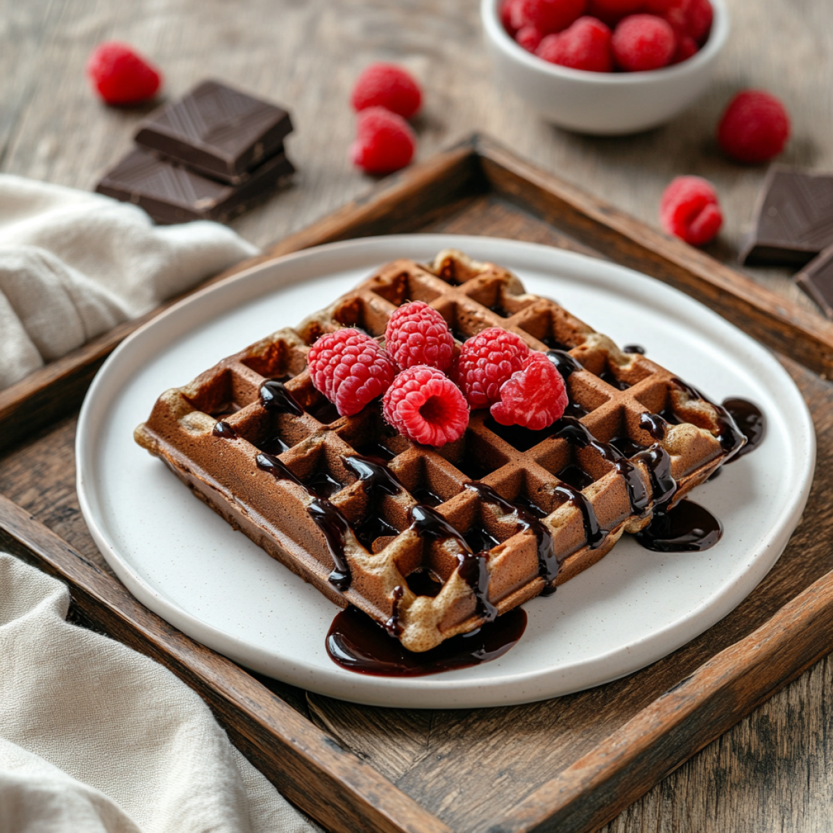 Chocolate pudding waffles with raspberries