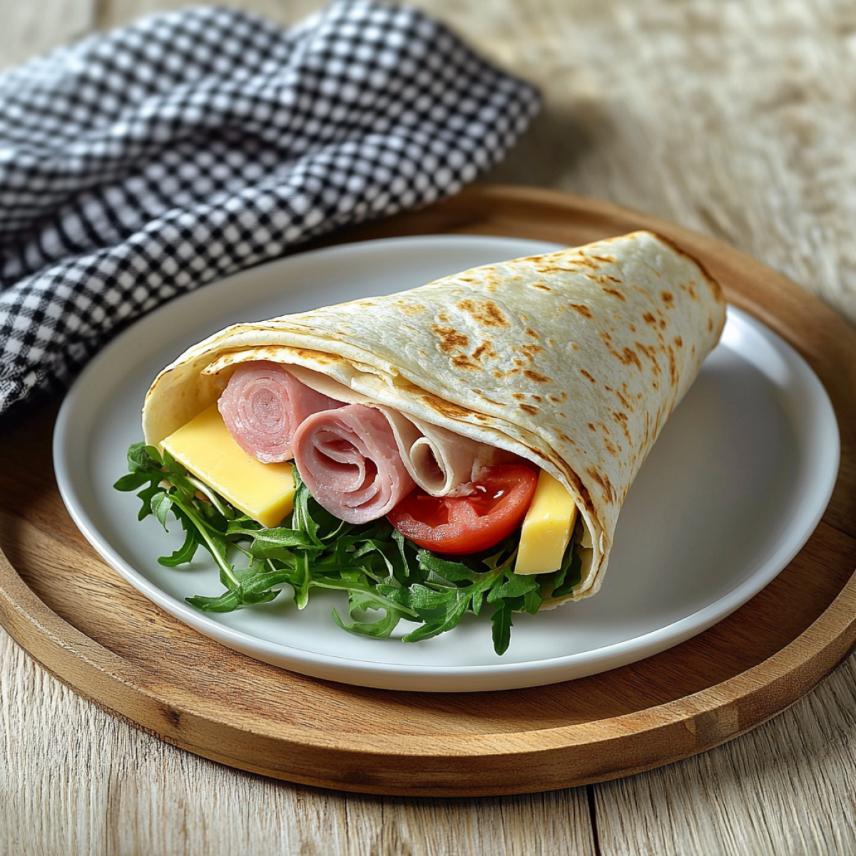 Wrap z serka wiejskiego z serem, szynką, pomidorem i roszponką