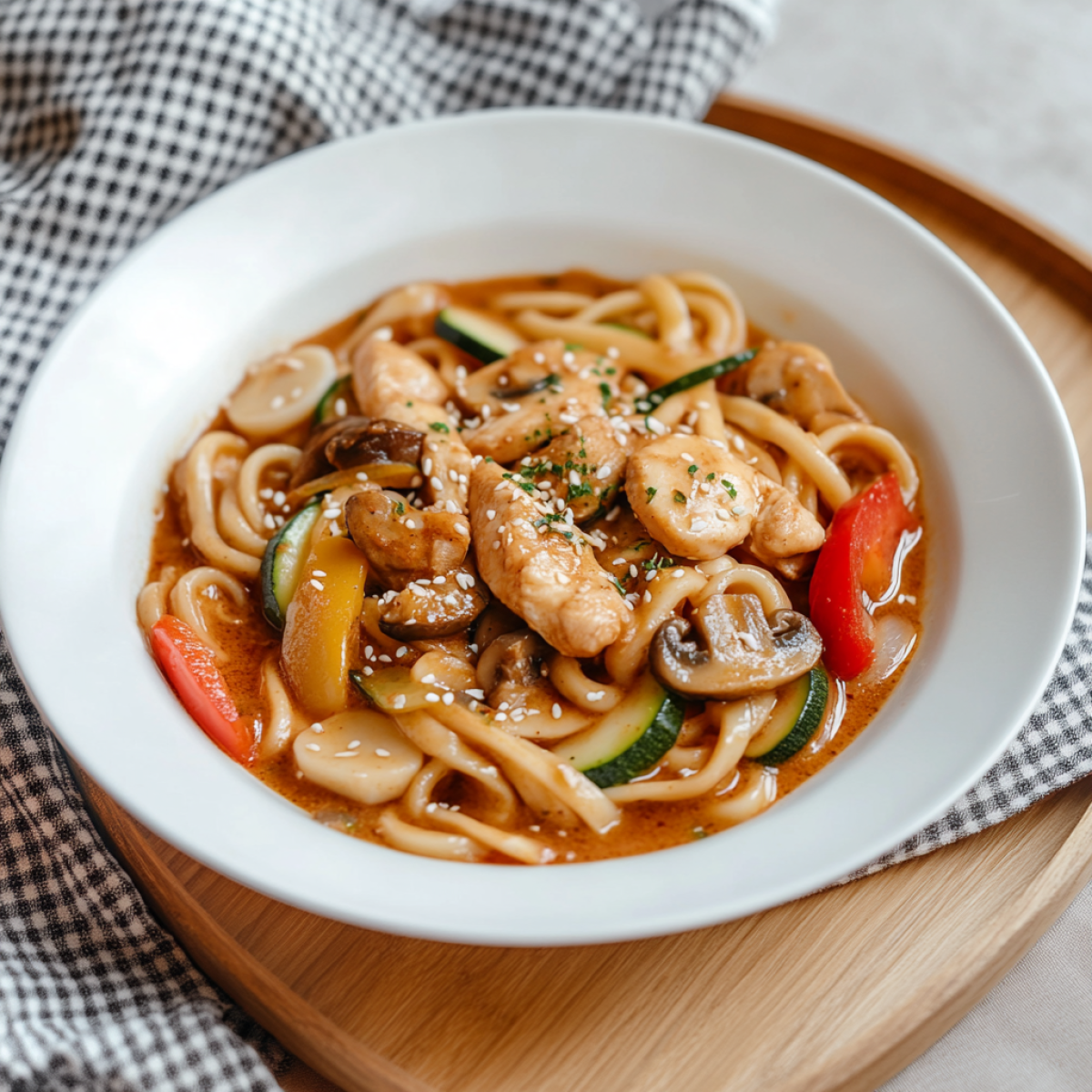 Udon con pollo e verdure in salsa di curry rosso