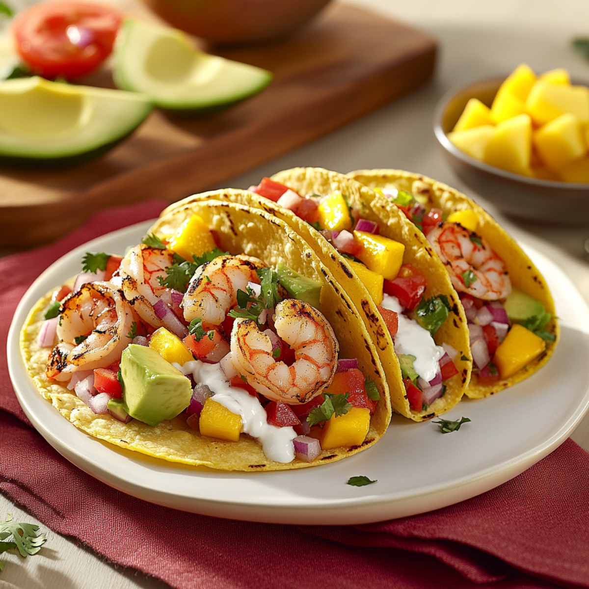 Tacos mit Garnelen, Gemüsesalsa und Koriander