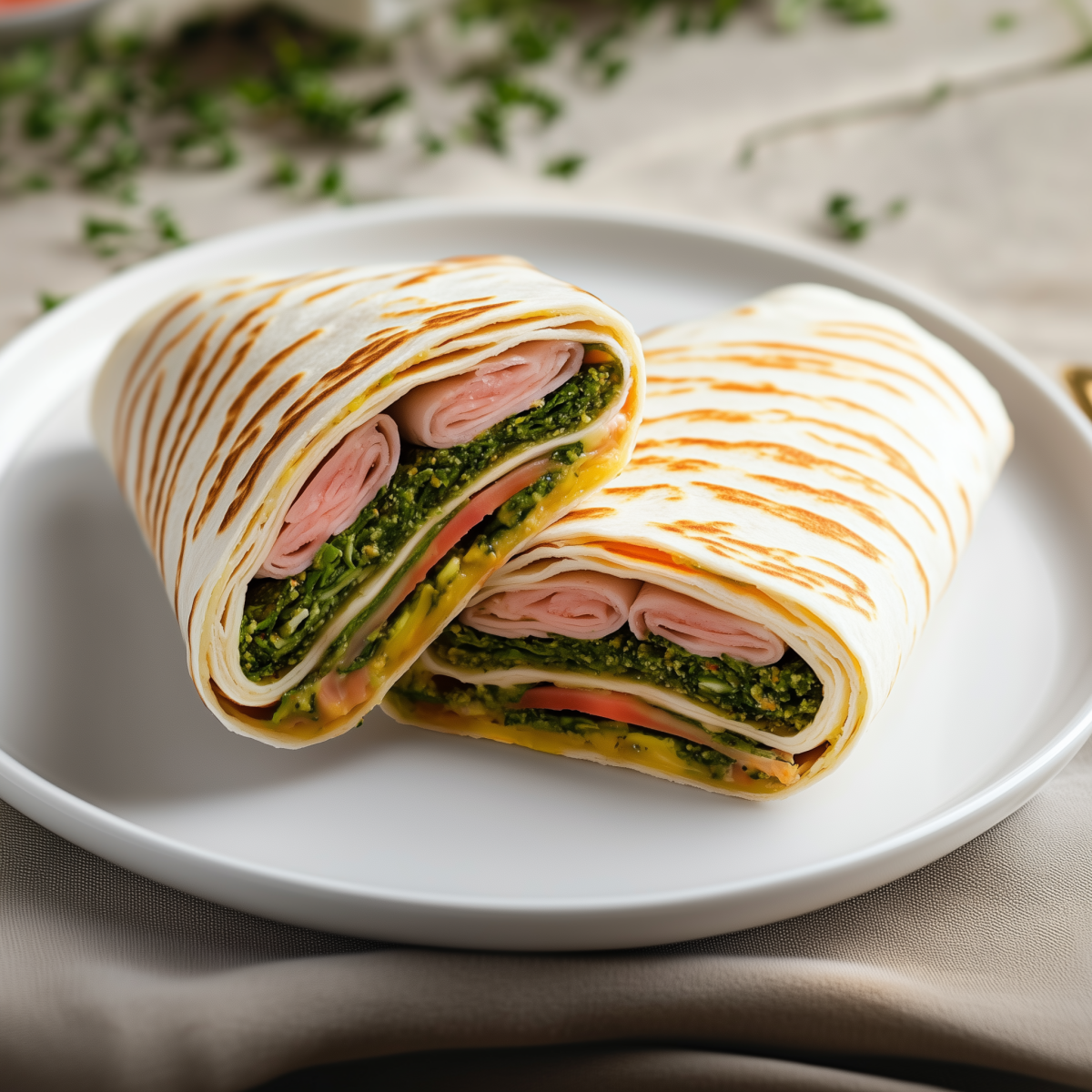 Toaster-Wrap mit Mozzarella, Schinken, Tomate und Pesto