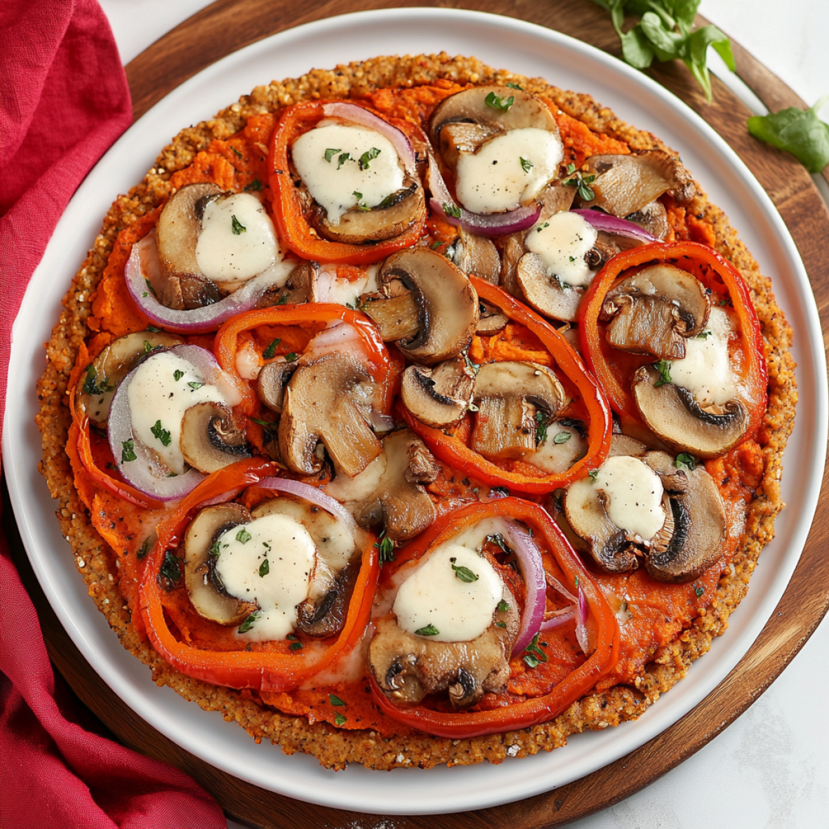 Pizza mit Süßkartoffelboden, Champignons, Zwiebeln und Paprika