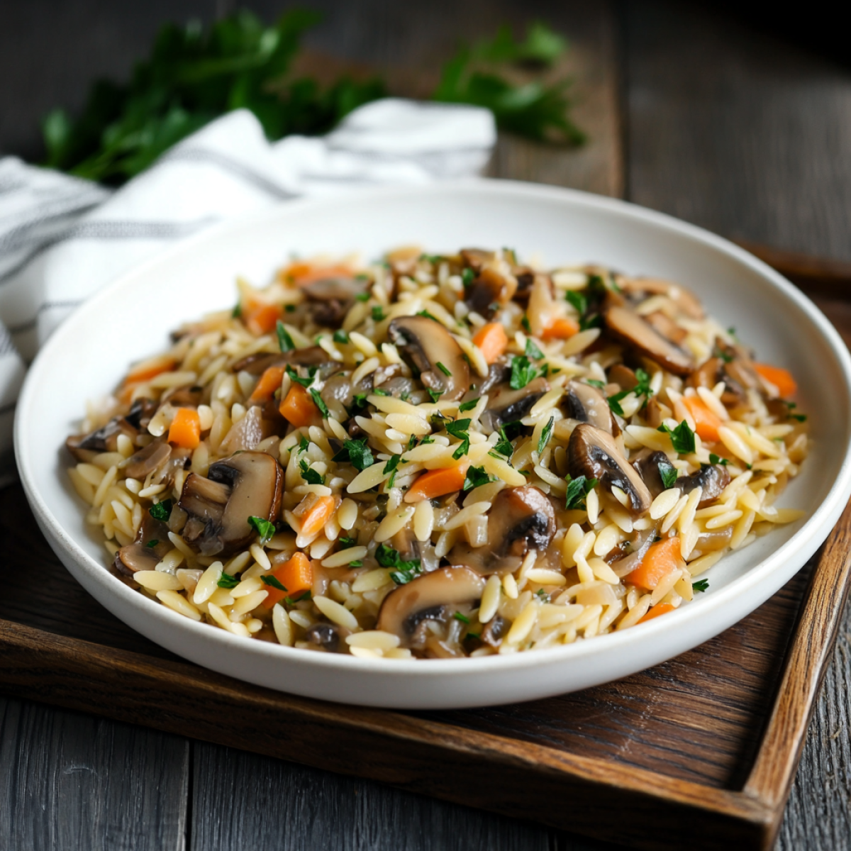 Vegane Orzo-Pasta mit Champignons und Petersilie