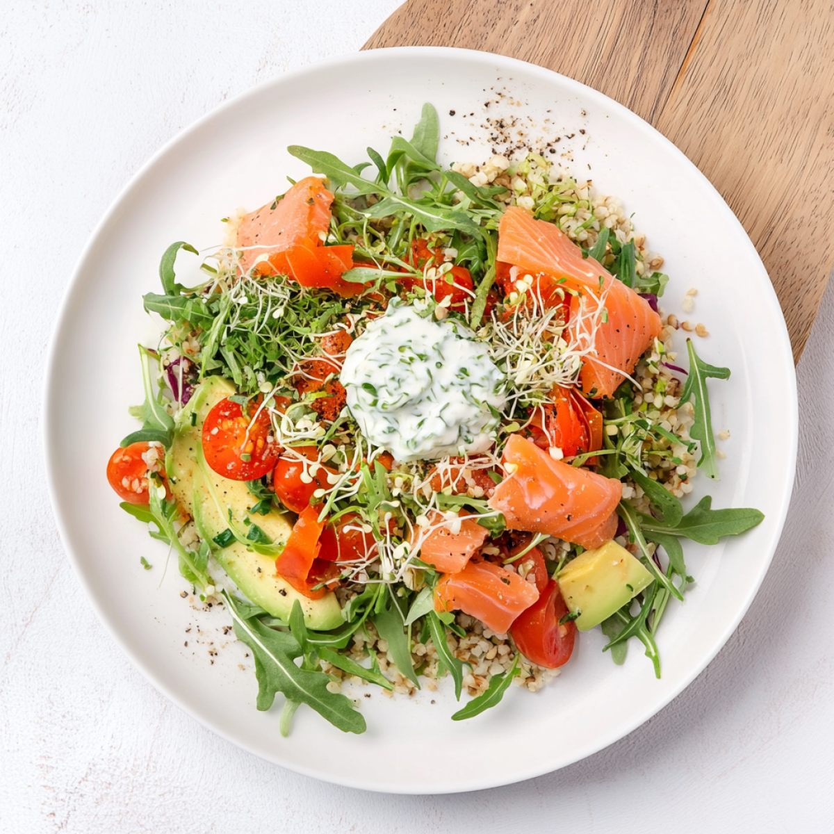 Warmer Salat mit Avocado, Bulgur, gerösteten Paprika und Cherrytomaten